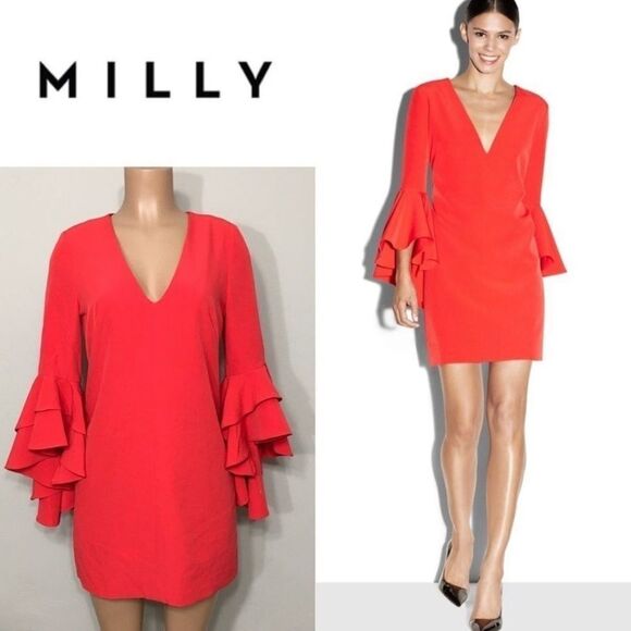 Milly Dresses & Skirts - Milly Nicole Cady V-Nek Bell Sleeve Red Mini Dres Size 4